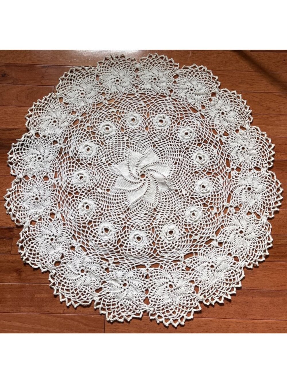 Hand-Crocheted 25" Cream Round Lace Doily Floral Pattern Centerpiece Table Decor